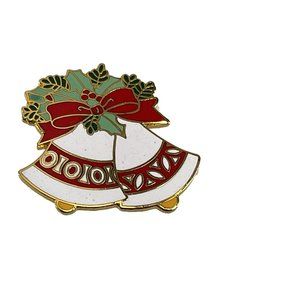 Vintage AGC Christmas Bells Brooch Pin Gold Tone Metal Red Green Enamel Holiday